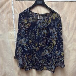 Style & Co. Blue and Tan 3/4 Sleeve Relaxed Blouse